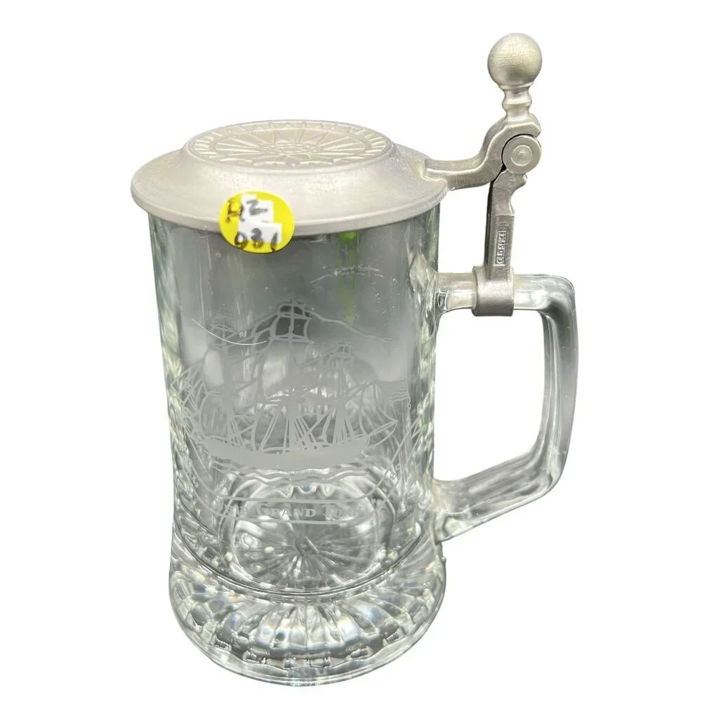 Vintage Old Spice Glass Beer Stein Pewter Lid Etched Sailboat By ALWE W-Germany
